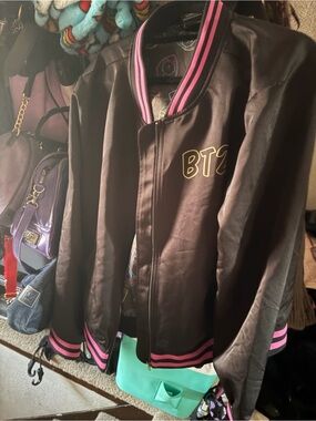 Bt21 BTS Black Bomber Jacket with Pink Trim